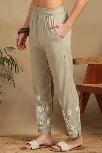 Women olive floral embroidered liva rayon lucknowi chikankari shirt and straight pant set