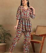 Women's abstract nature leaf printed liva rayon pleated multicolor co-ord set
