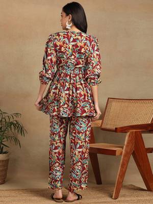 Women's abstract nature leaf printed liva rayon pleated multicolor co-ord set 2