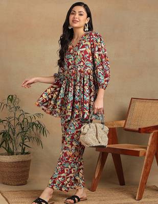 Women's abstract nature leaf printed liva rayon pleated multicolor co-ord set 3
