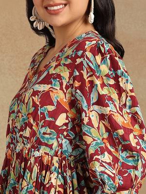 Women's abstract nature leaf printed liva rayon pleated multicolor co-ord set 4