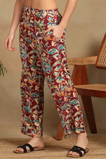 Women's abstract nature leaf printed liva rayon pleated multicolor co-ord set