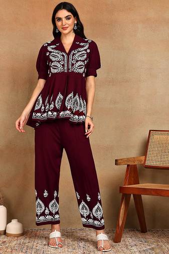 Women maroon floral embroidered liva rayon lucknowi chikankari front slit co-ord set