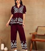 Women maroon floral embroidered liva rayon lucknowi chikankari front slit co-ord set