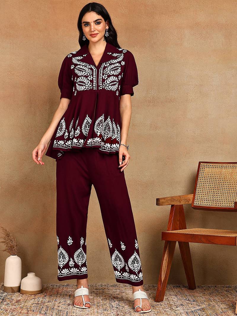 Women maroon floral embroidered liva rayon lucknowi chikankari front slit co-ord set