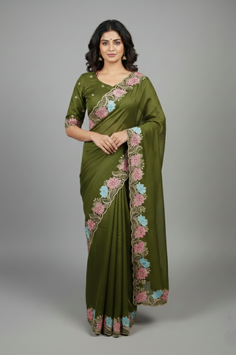 Mehendi green star georgette pastel floral resham & zari embroidery saree