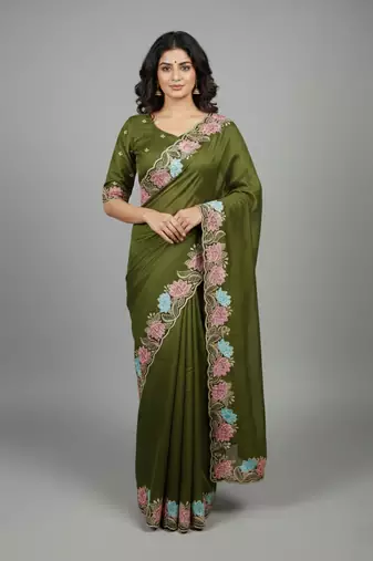 Mehendi green star georgette pastel floral resham & zari embroidery saree