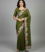 Mehendi green star georgette pastel floral resham & zari embroidery saree