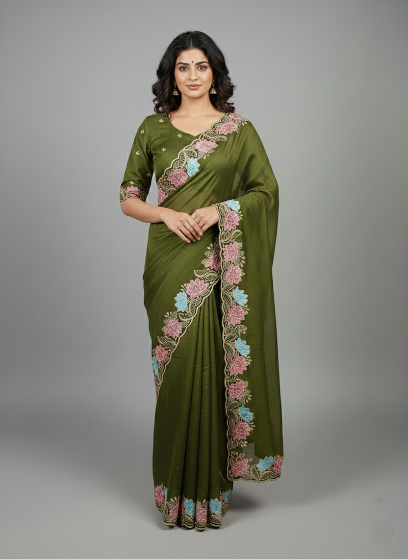 Mehendi green star georgette pastel floral resham & zari embroidery saree