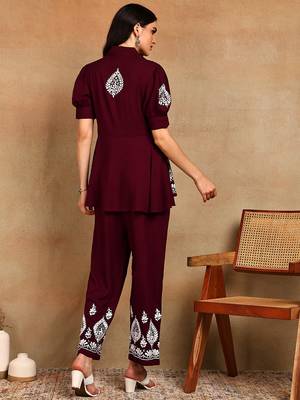 Women maroon floral embroidered liva rayon lucknowi chikankari front slit co-ord set 2
