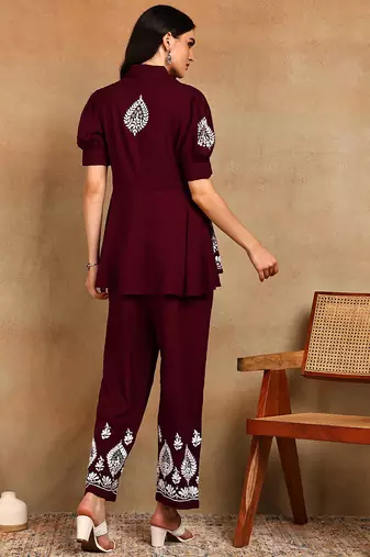 Women maroon floral embroidered liva rayon lucknowi chikankari front slit co-ord set
