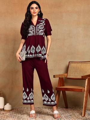 Women maroon floral embroidered liva rayon lucknowi chikankari front slit co-ord set 3