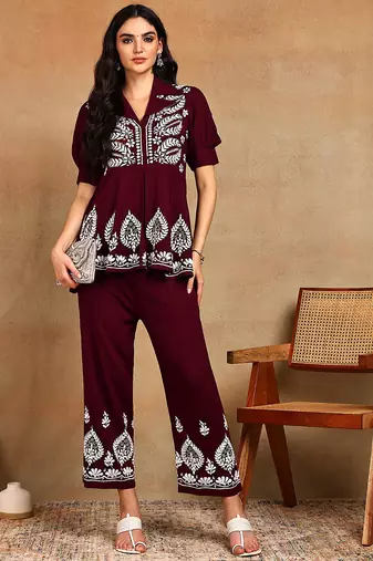 Women maroon floral embroidered liva rayon lucknowi chikankari front slit co-ord set