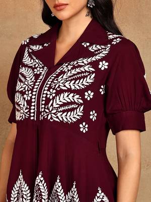 Women maroon floral embroidered liva rayon lucknowi chikankari front slit co-ord set 4