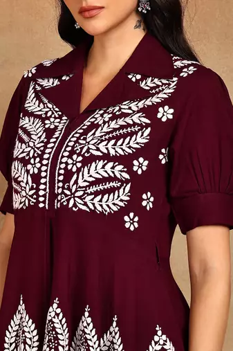 Women maroon floral embroidered liva rayon lucknowi chikankari front slit co-ord set