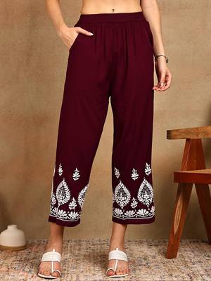 Women maroon floral embroidered liva rayon lucknowi chikankari front slit co-ord set 5