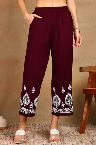 Women maroon floral embroidered liva rayon lucknowi chikankari front slit co-ord set