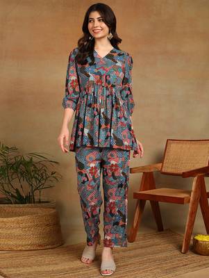 Women's multicolor floral printed cotton co-ord set with peplum top and straight pant 1