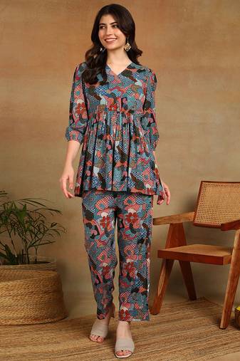 Women's multicolor floral printed cotton co-ord set with peplum top and straight pant