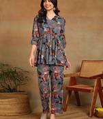 Women's multicolor floral printed cotton co-ord set with peplum top and straight pant