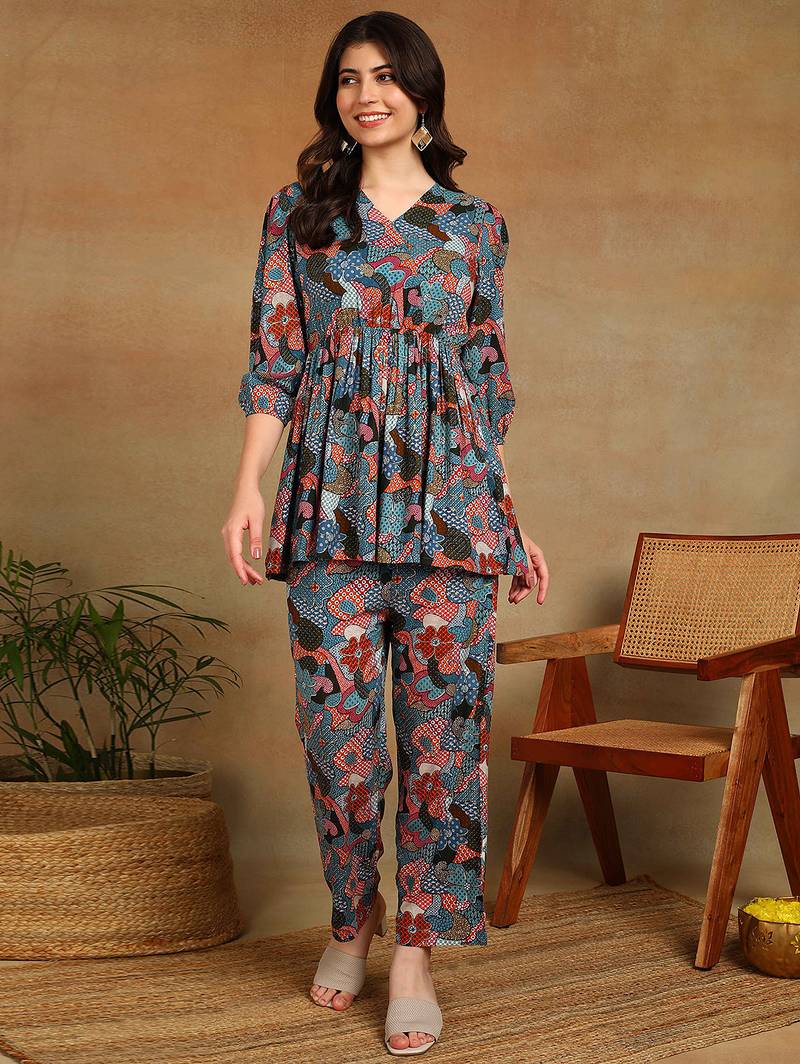 Women's multicolor floral printed cotton co-ord set with peplum top and straight pant