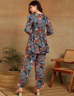 Women's multicolor floral printed cotton co-ord set with peplum top and straight pant 2