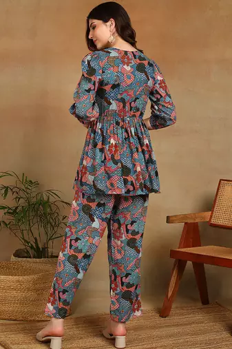 Women's multicolor floral printed cotton co-ord set with peplum top and straight pant