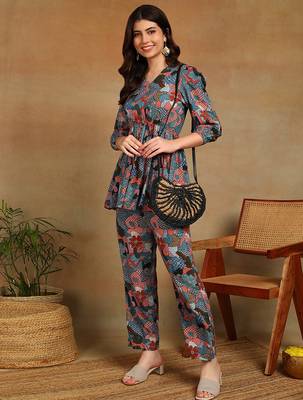 Women's multicolor floral printed cotton co-ord set with peplum top and straight pant 3