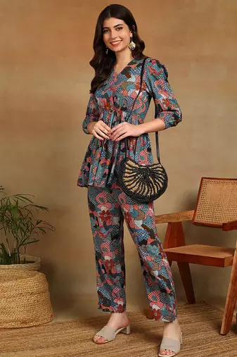 Women's multicolor floral printed cotton co-ord set with peplum top and straight pant