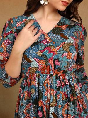 Women's multicolor floral printed cotton co-ord set with peplum top and straight pant 4