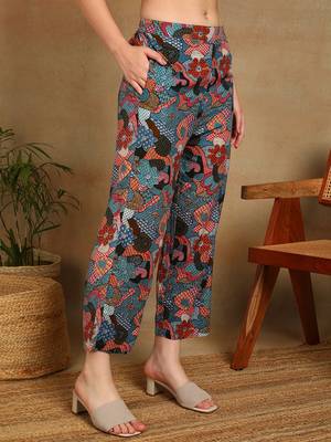 Women's multicolor floral printed cotton co-ord set with peplum top and straight pant 5