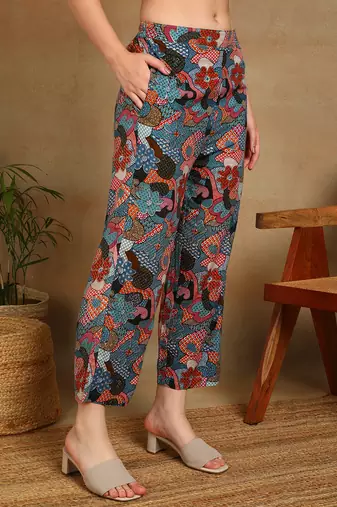 Women's multicolor floral printed cotton co-ord set with peplum top and straight pant