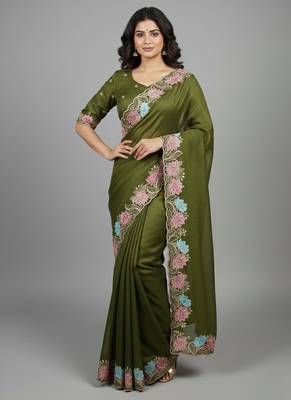 Mehendi green star georgette pastel floral resham & zari embroidery saree 2