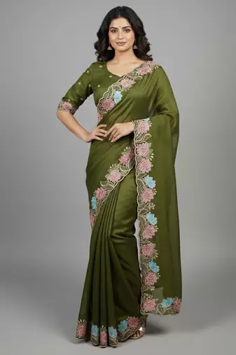 Mehendi green star georgette pastel floral resham & zari embroidery saree
