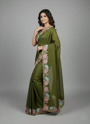 Mehendi green star georgette pastel floral resham & zari embroidery saree 3