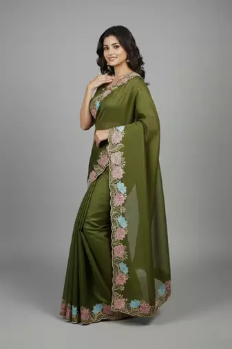 Mehendi green star georgette pastel floral resham & zari embroidery saree