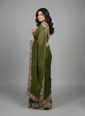 Mehendi green star georgette pastel floral resham & zari embroidery saree 4