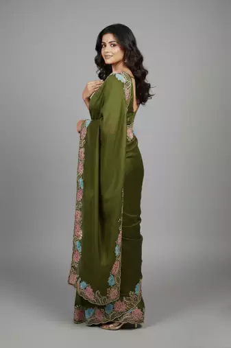 Mehendi green star georgette pastel floral resham & zari embroidery saree