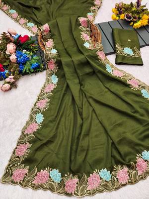 Mehendi green star georgette pastel floral resham & zari embroidery saree 5