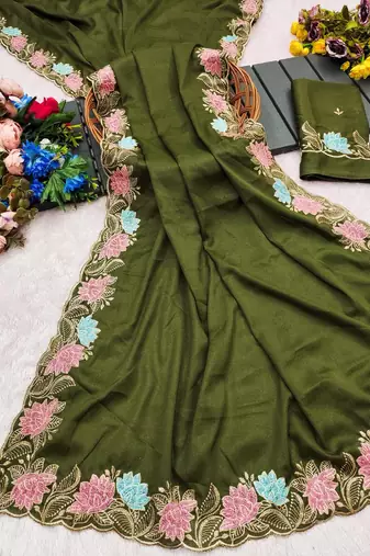 Mehendi green star georgette pastel floral resham & zari embroidery saree