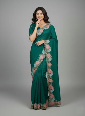 Deep mint green star georgette pastel floral resham & zari embroidery saree 1