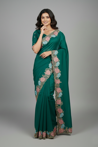 Deep mint green star georgette pastel floral resham & zari embroidery saree