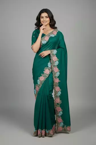 Deep mint green star georgette pastel floral resham & zari embroidery saree
