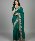 Deep mint green star georgette pastel floral resham & zari embroidery saree