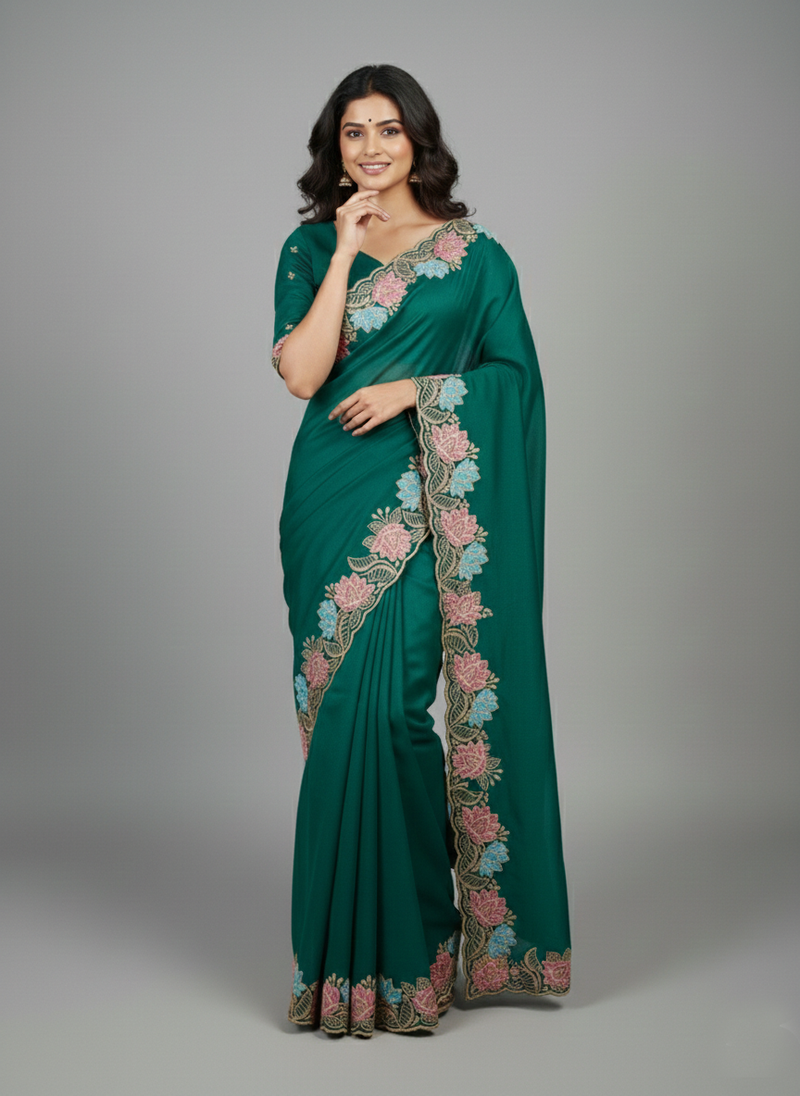 Deep mint green star georgette pastel floral resham & zari embroidery saree