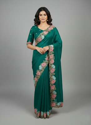 Deep mint green star georgette pastel floral resham & zari embroidery saree 2