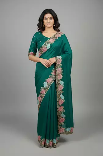 Deep mint green star georgette pastel floral resham & zari embroidery saree