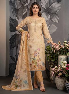 Beige colour pure cotton linen shimmer printed salwar suit with dupatta 1