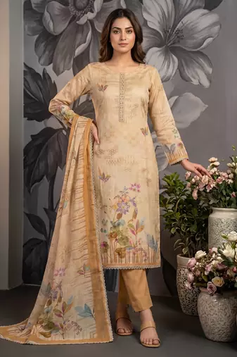 Beige colour pure cotton linen shimmer printed salwar suit with dupatta