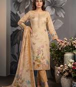Beige colour pure cotton linen shimmer printed salwar suit with dupatta
